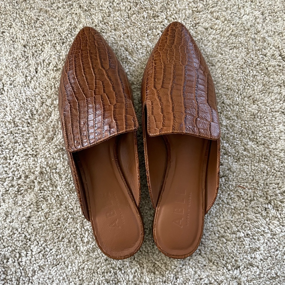 ABLE brown faux crocodile mules